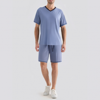 Contrast color stitching V-neck men's pajama set