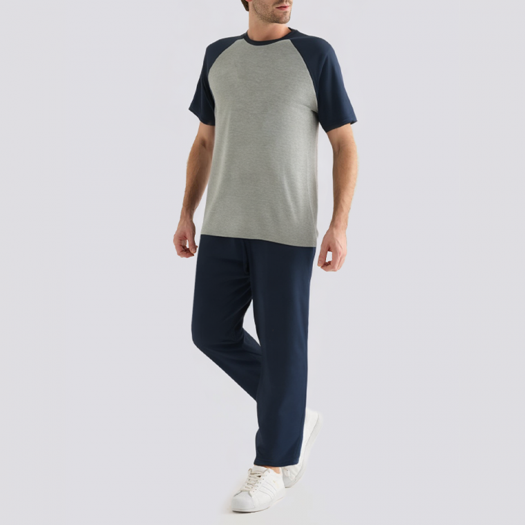 Men's round neck contrast color stitching pajama set