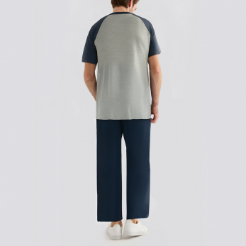 Men's round neck contrast color stitching pajama set