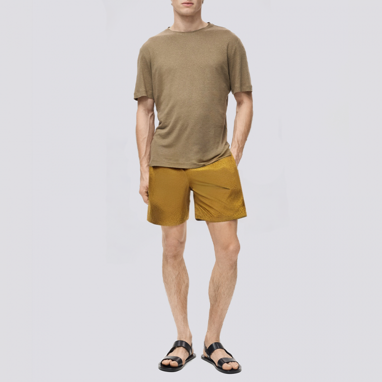 Brown pleated lightweight men's swim trunks