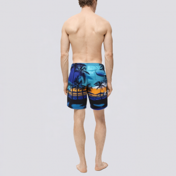 Printed mesh lined men's swim trunks