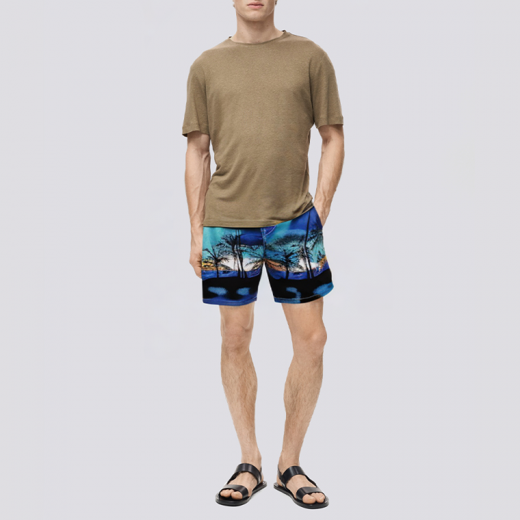 Printed mesh lined men's swim trunks