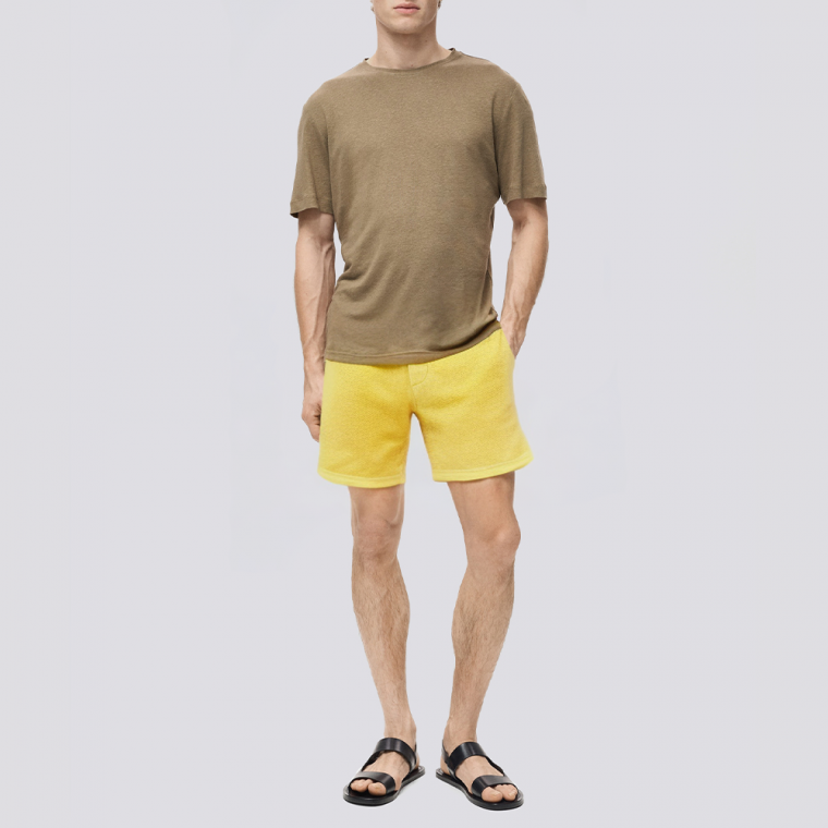 Yellow elastic waist men's swimming trunks