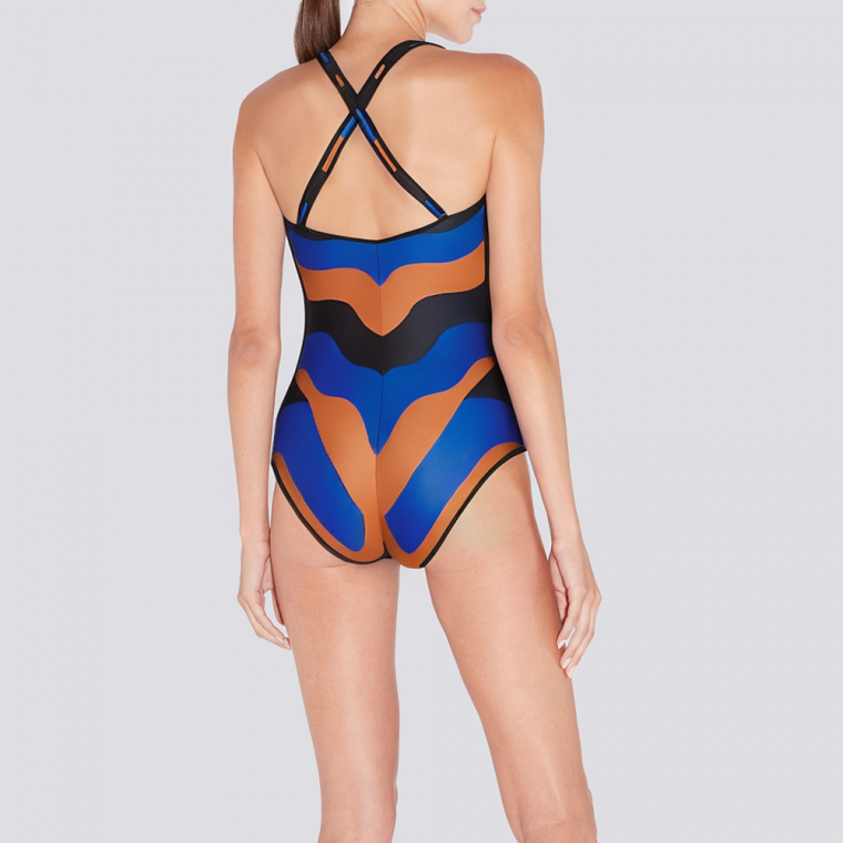 Wavy striped V-neck women's one-piece swimsuit
