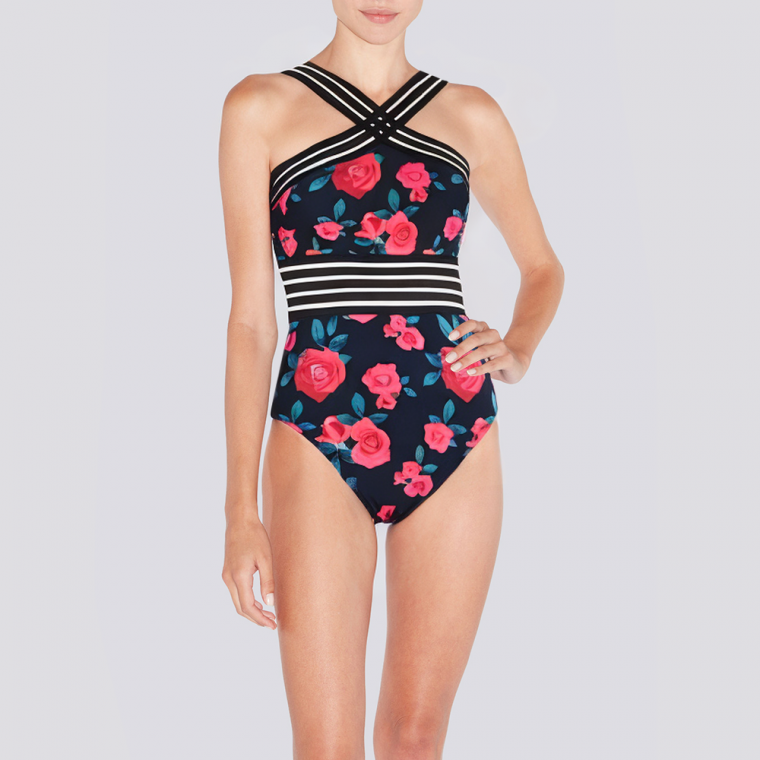 Floral print cutout women's one-piece swimsuit