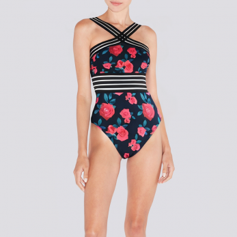 Floral print cutout women's one-piece swimsuit