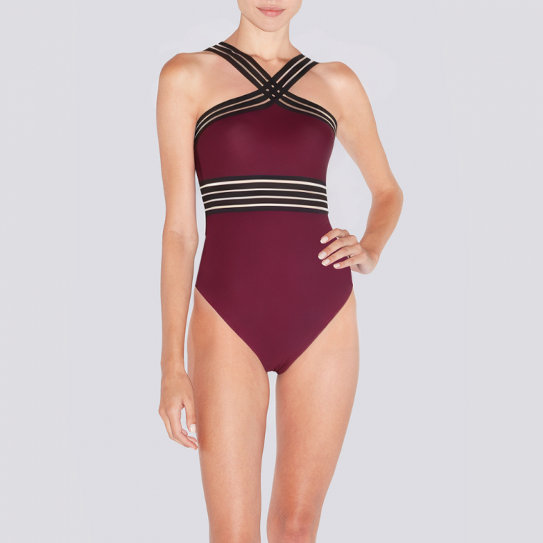 Cross-front slim fit mesh women's one-piece swimsuit