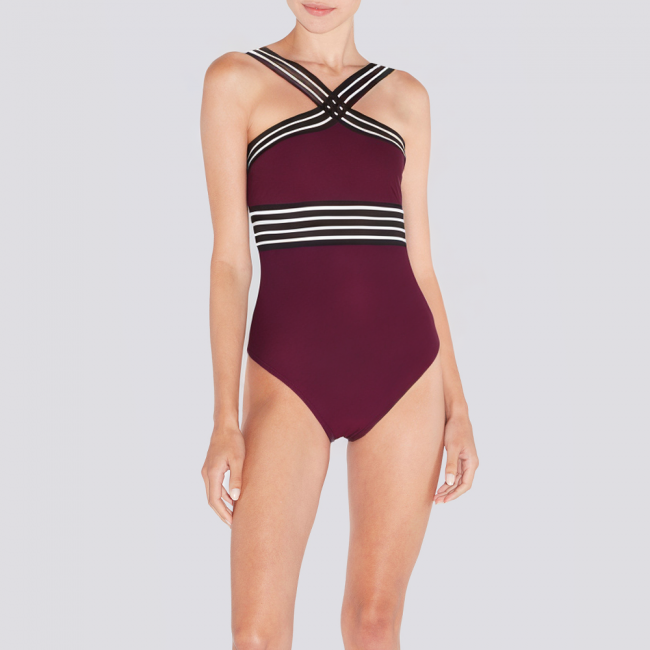 Cross-front slim fit mesh women's one-piece swimsuit