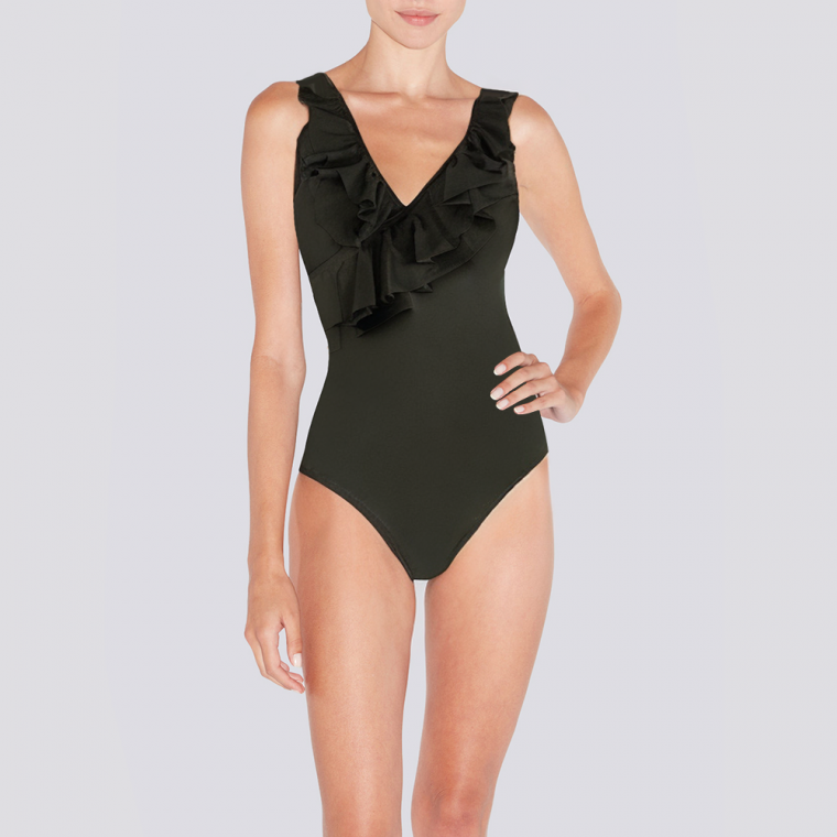 Black V-neck ruffled women's one-piece swimsuit