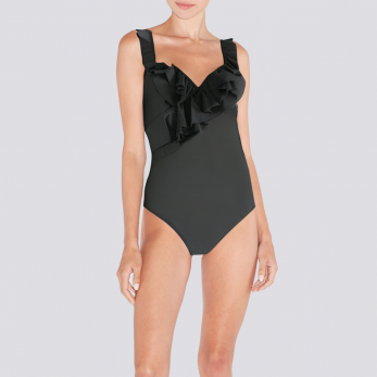 Black V-neck ruffled women's one-piece swimsuit