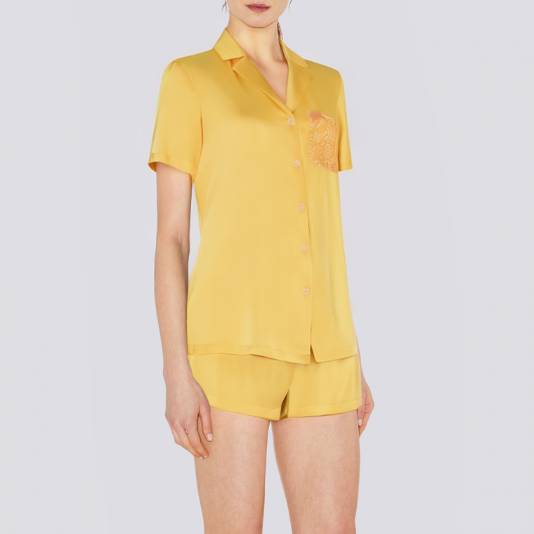Casual yellow satin women's pajamas set